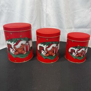 Vintage‎ House of Lloyd 1988 Set of 3 Nesting Tins Red Christmas Teddy Bear